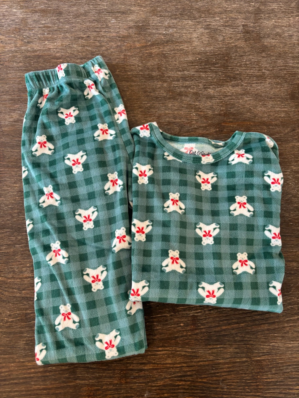 Cat & Jack Green Plaid Teddy Bear Pajama Set (14)